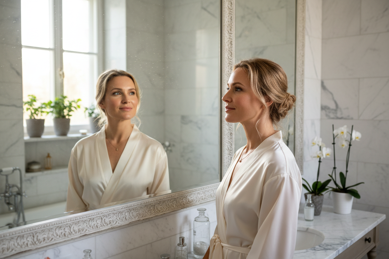 Femme avec peau radieuse se regardant dans le miroir